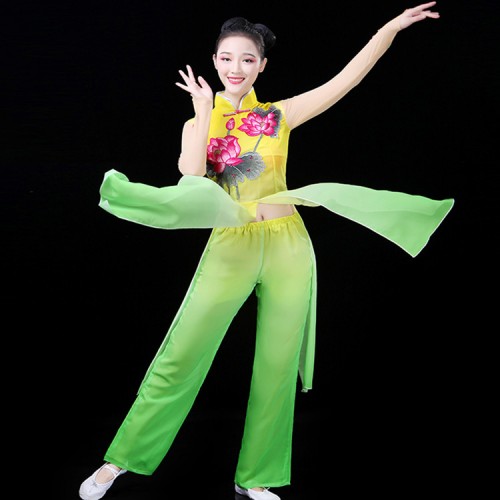 Chinese folk dance costumes for female women stage performance fairy photos cosplay yangko fan yellow green gradient colored competition dresses